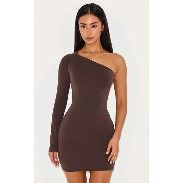 Petite Chocolate Modal One Shoulder Ruched Bodycon Mini Dress