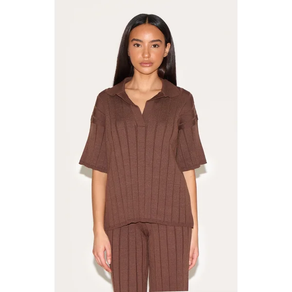 Petite Chocolate Rib Knit Oversized Polo Top