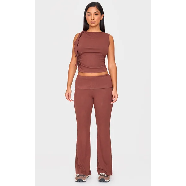 Petite Chocolate Ribbed Foldover Waist Flared Pants