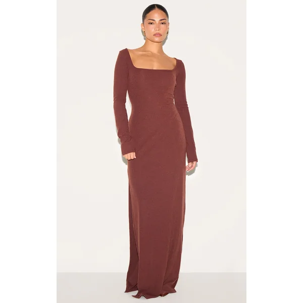 Petite Chocolate Ribbed Long Sleeve Maxi Dress