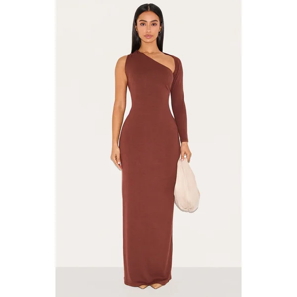Petite Chocolate Ribbed One Sleeve Maxi Dress