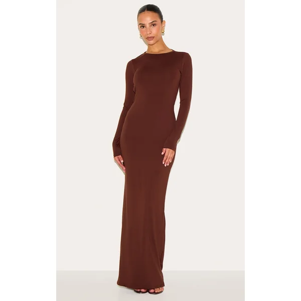 Petite Chocolate Slinky Asymmetric Open Back Maxi Dress