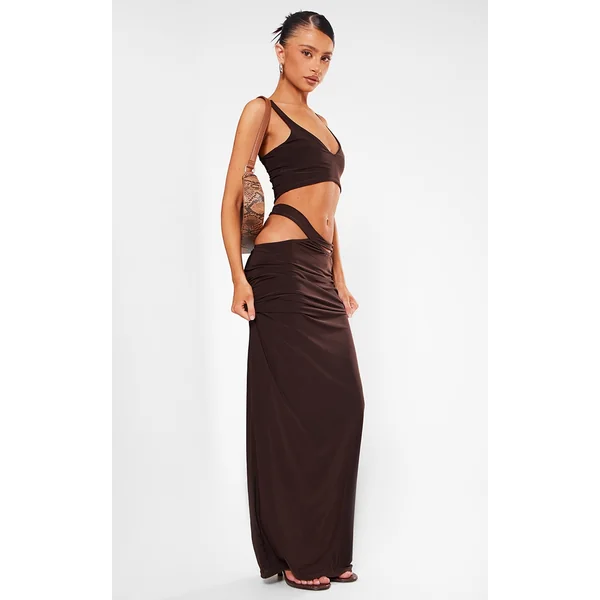 Petite Chocolate Slinky Cut Out Waistband Maxi Skirt