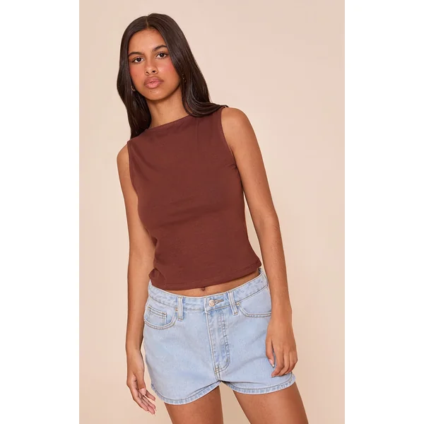 Petite Chocolate Soft Cotton Boat Neck Sleeveless Top