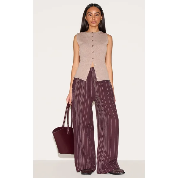 Petite Chocolate Stripe Linen Look Elasticated Waist Pants