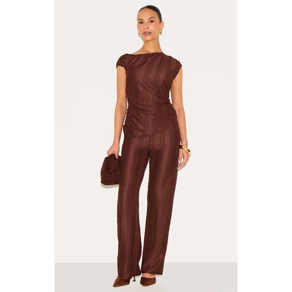 Petite Chocolate Textured Elasticated Wide Leg Pants