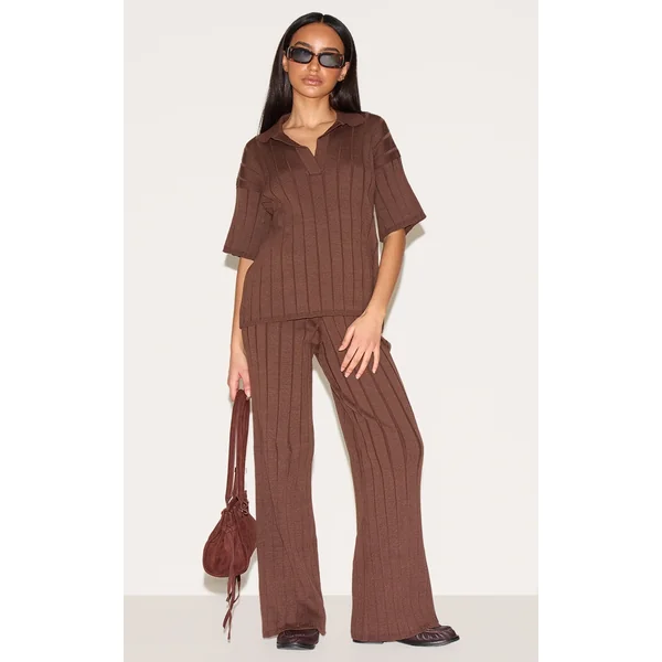 Petite Chocolate Wide Rib Knit Pants
