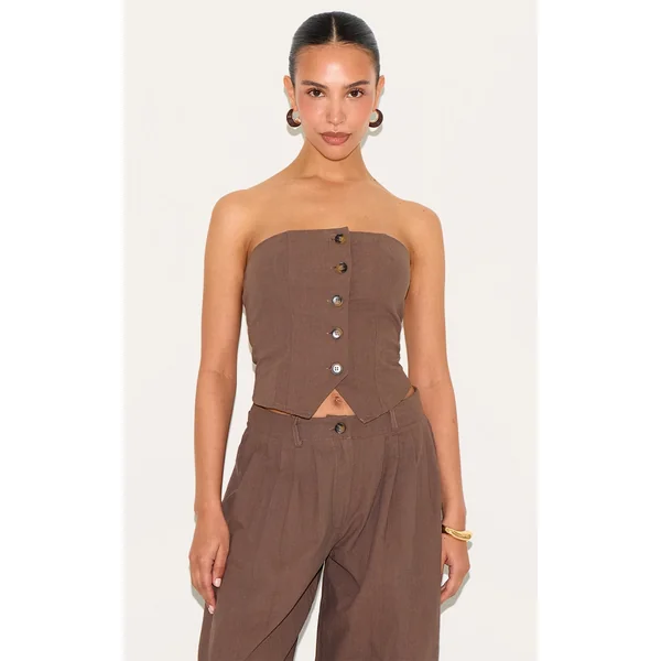 Petite Chocolate Woven Bandeau Button Up Top