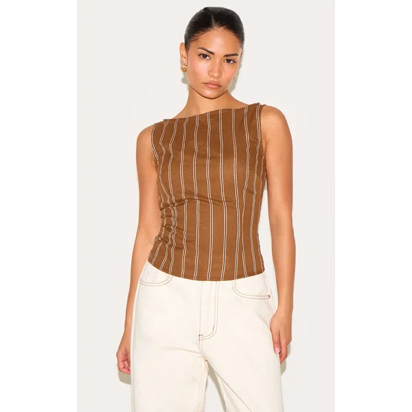 Petite Chocolate Woven Pinstripe Boatneck Top