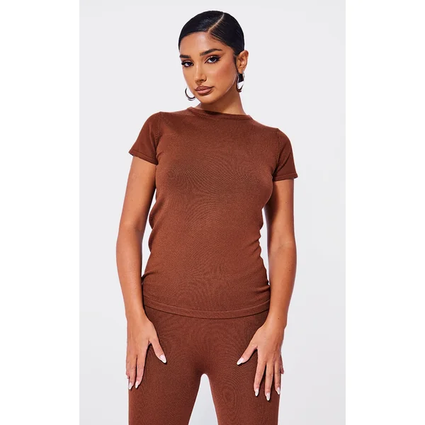 Petite Coffee Knitted Crew Neck Top