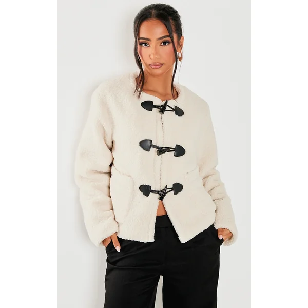 Petite Cream Borg Longline Clasp Detail Jacket