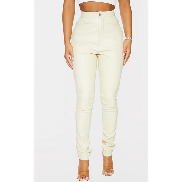 Petite Cream Button Up Faux Leather Skinny Pants