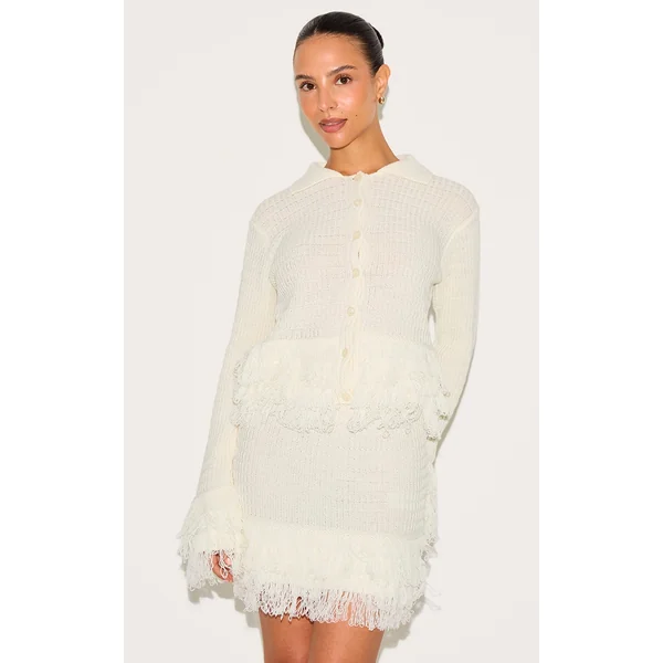 Petite Cream Button Up Fringe Cardigan