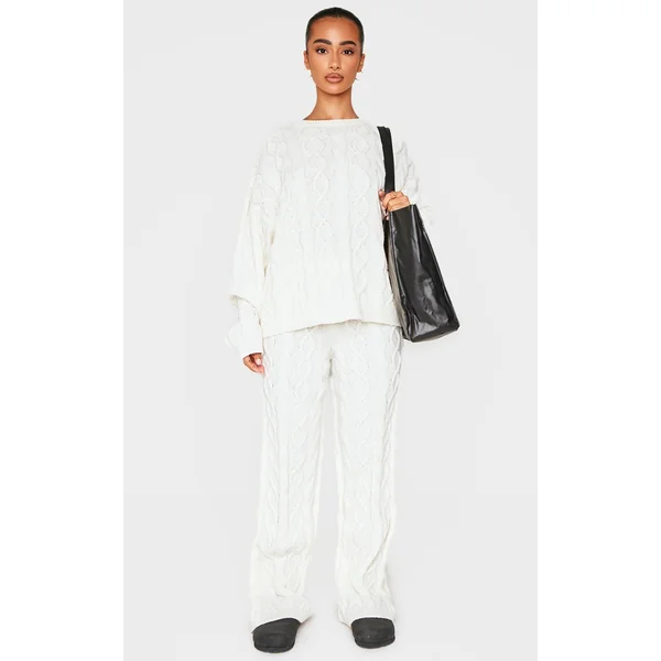 Petite Cream Cable Knit Wide Leg Pants