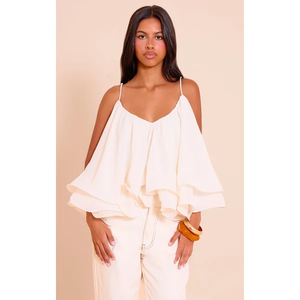 Petite Cream Chiffon Layered Puffball Top