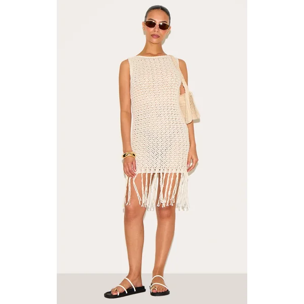 Petite Cream Crochet Boat Neck Tassle Mini Dress