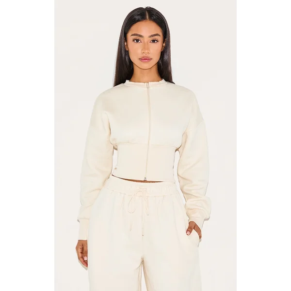 Petite Cream Elasticated Hem Zip Up Sweatshirt