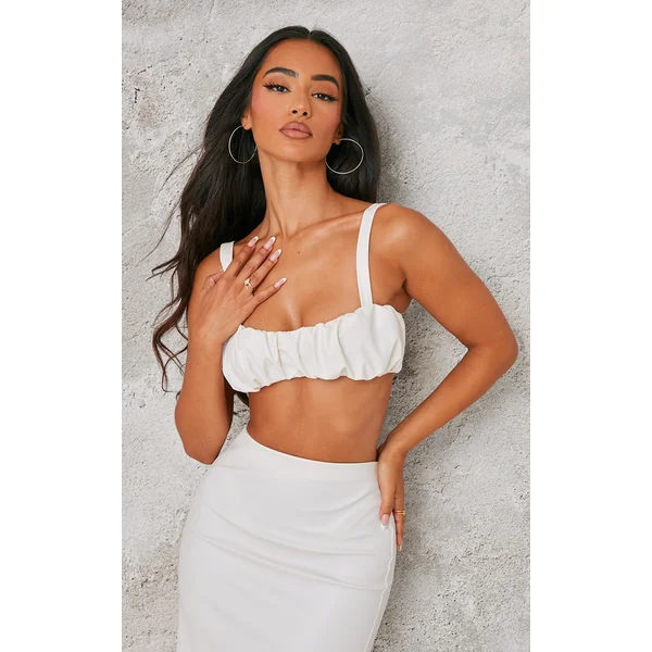 Petite Cream Faux Leather Ruched Bralet