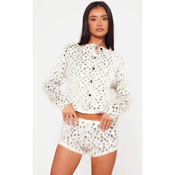 Petite Cream Fluffy Knit Cheetah Print Cardigan