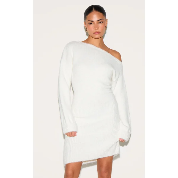 Petite Cream Knit Asymmetric Mini Dress