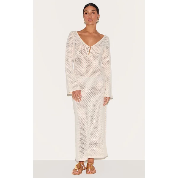 Petite Cream Knit V Neck Maxi Dress