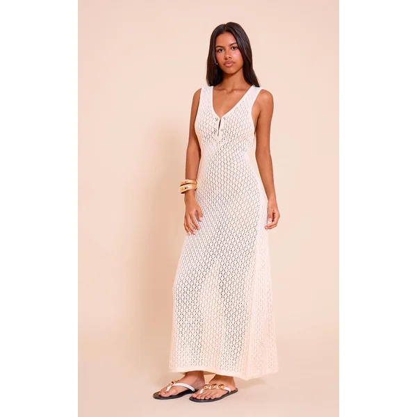 Petite Cream Knit V Neck Sleeveless Midaxi Dress