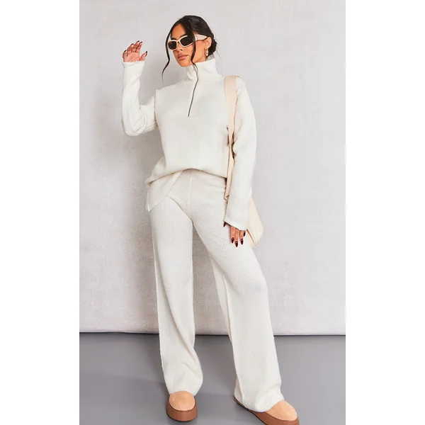 Petite Cream Knit Wide Leg Pants