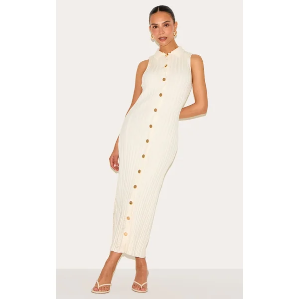 Petite Cream Knitted Button Down Maxi Dress