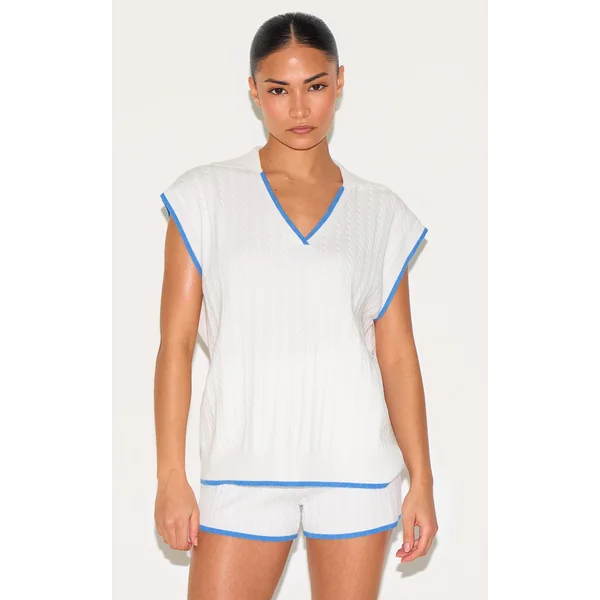 Petite Cream Knitted Collared V Neck Top