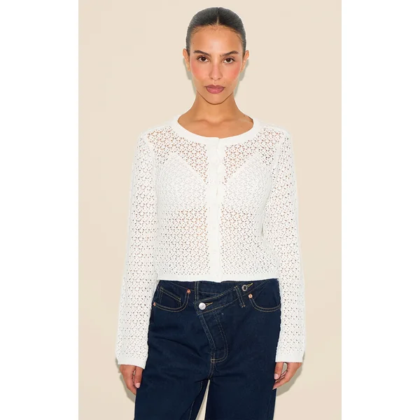 Petite Cream Knitted Crochet Button Through Long Top