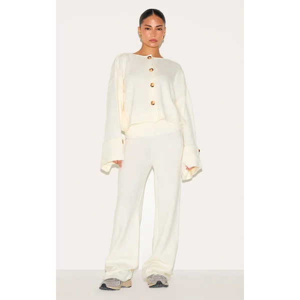 Petite Cream Knitted Fold Over Flare Pants