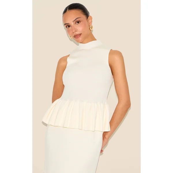 Petite Cream Knitted High Neck Peplum Hem Long Top