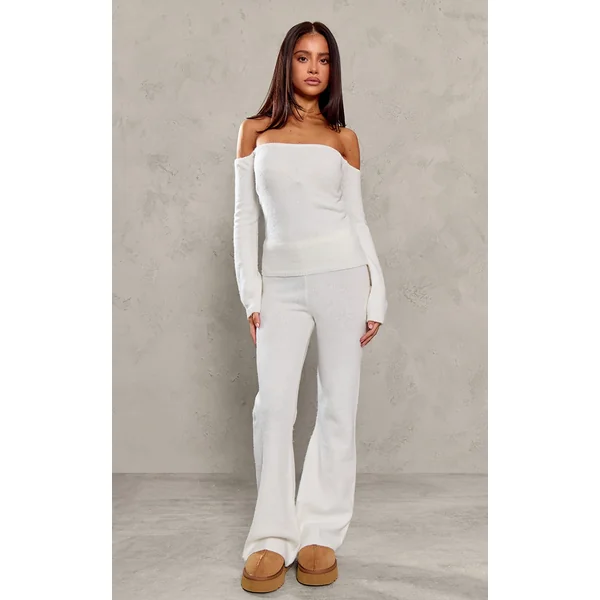 Petite Cream Knitted High Waisted Flares
