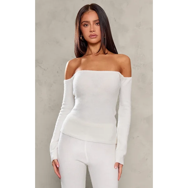 Petite Cream Knitted Long Sleeve Off The Shoulder Long Top