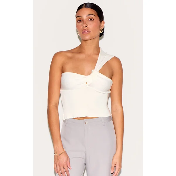 Petite Cream Knitted One Shoulder Bow Top