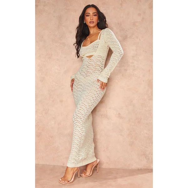 Petite Cream Knitted Open Front Maxi Dress