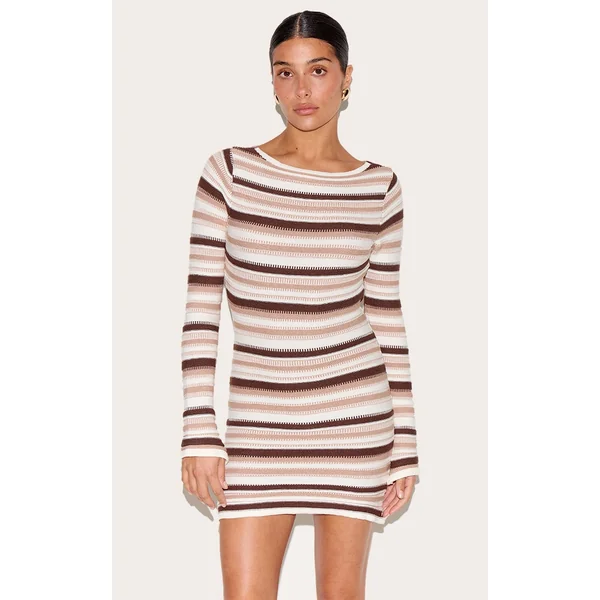 Petite Cream Knitted Stripe Long Sleeve Mini Dress