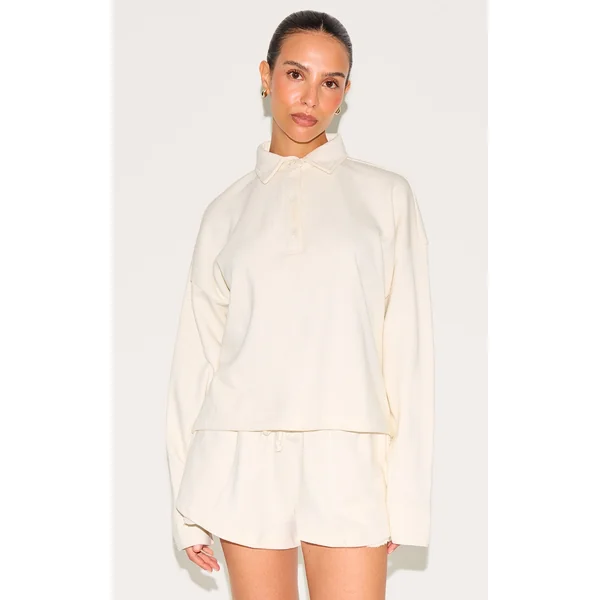 Petite Cream Loopback Oversized Polo Detail Sweatshirt