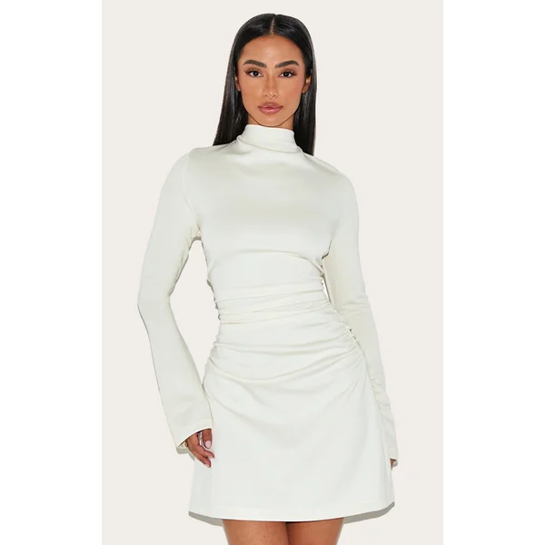 Petite Cream Modal Long Sleeve Ruched Mini Dress