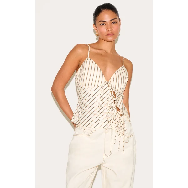 Petite Cream Pinstripe Tie Front Top