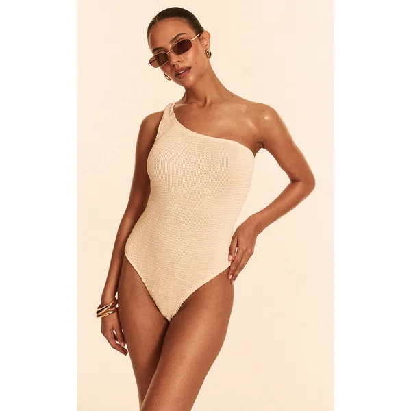 Petite Cream Premium Crinkle One Shoulder Swimsuit