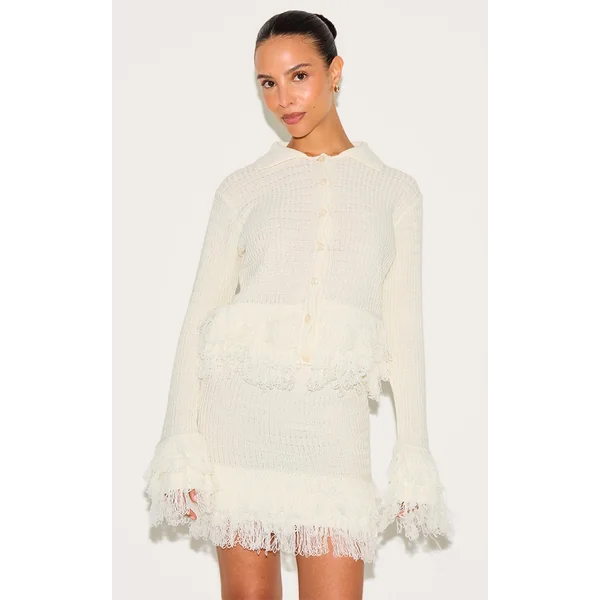 Petite Cream Rib Fringe Hem Knit Skirt