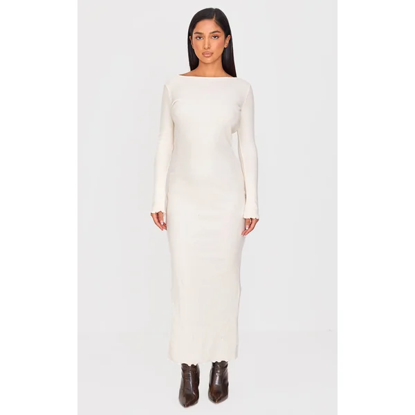 Petite Cream Ribbed Boat Neck Low Back Maxi Dress