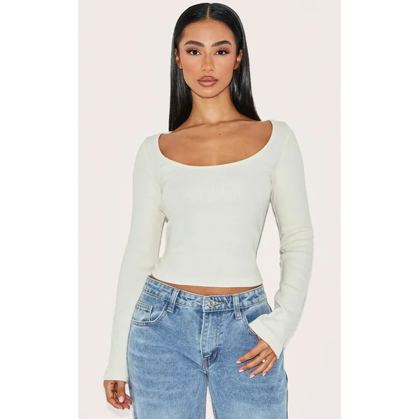 Petite Cream Ribbed Long Sleeve Top