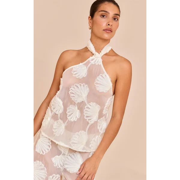 Petite Cream Sheer Shell Applique Knot Detail Top