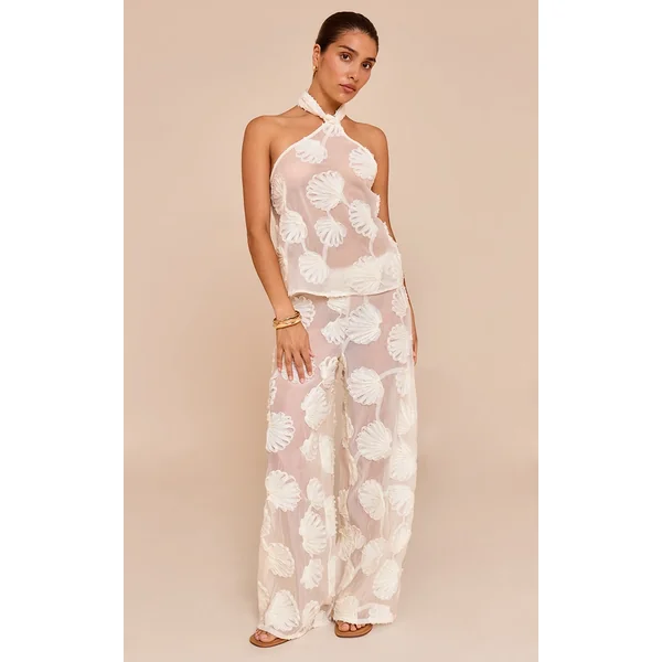 Petite Cream Sheer Shell Applique Wide Leg Pants