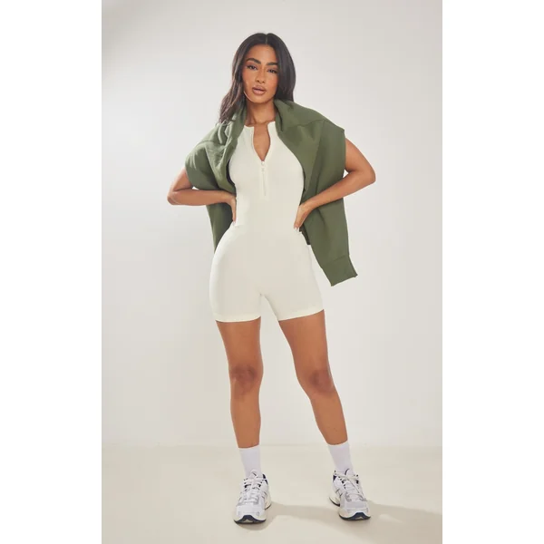 Petite Cream Snatched Rib Zip Up Front Unitard