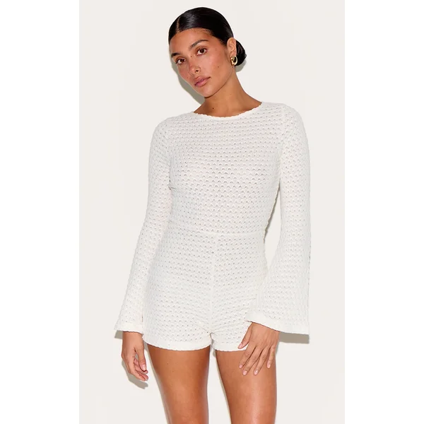 Petite Cream Textured Jersey Long Sleeve Unitard