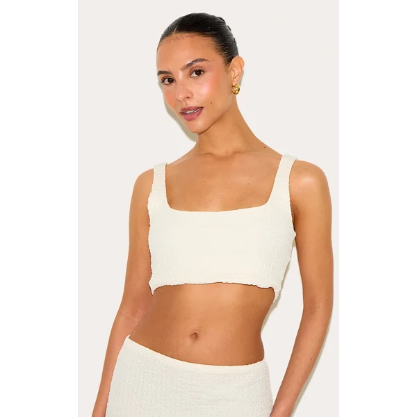 Petite Cream Textured Scoop Neck Crop Top