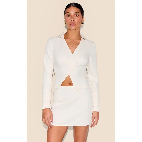 Petite Cream Textured Woven Asymmetric Button Up Shirt